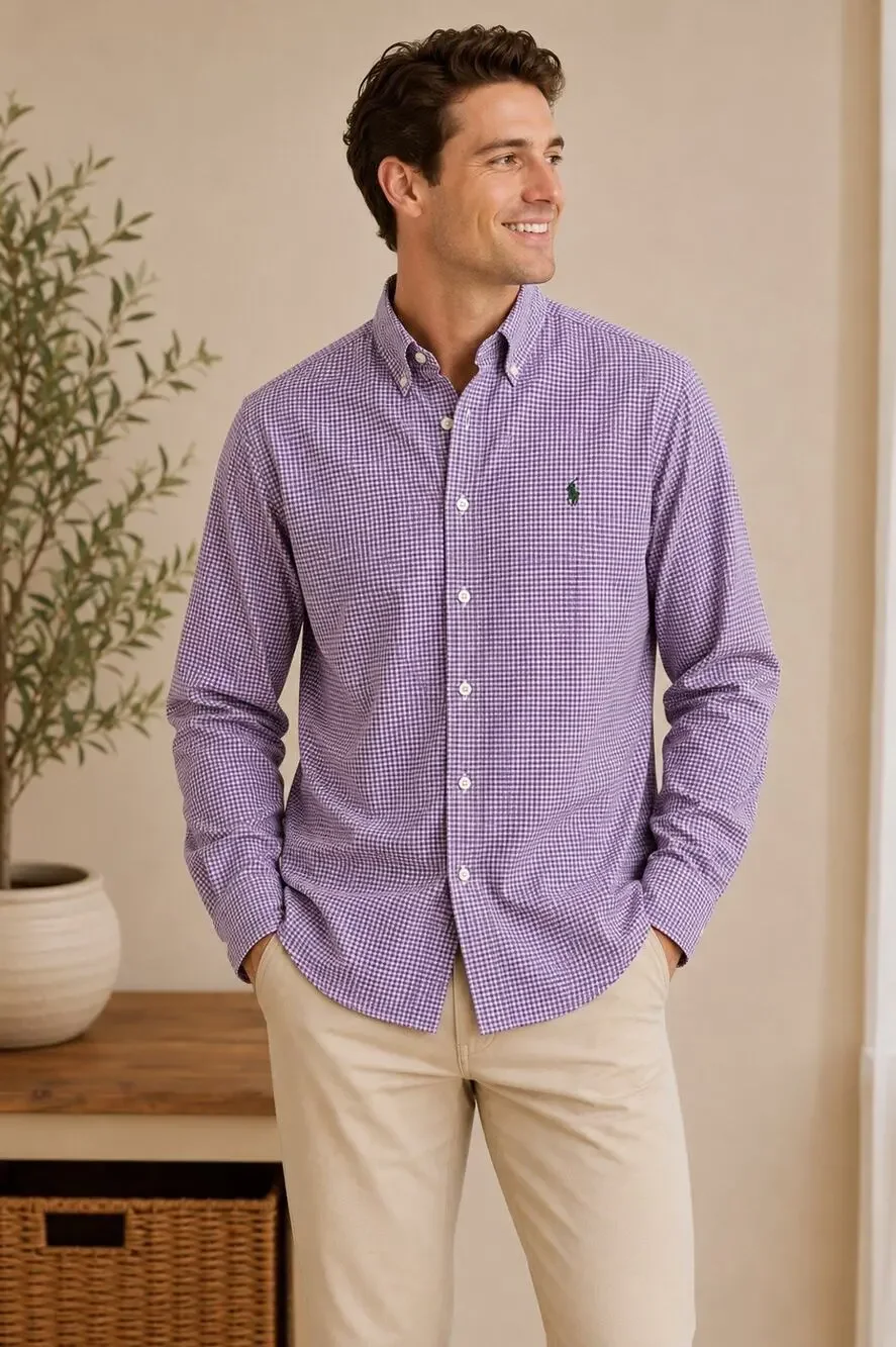 Ralph Lauren Blake Shirt Mens XL Purple Micro Houndstooth Button Down Cotton